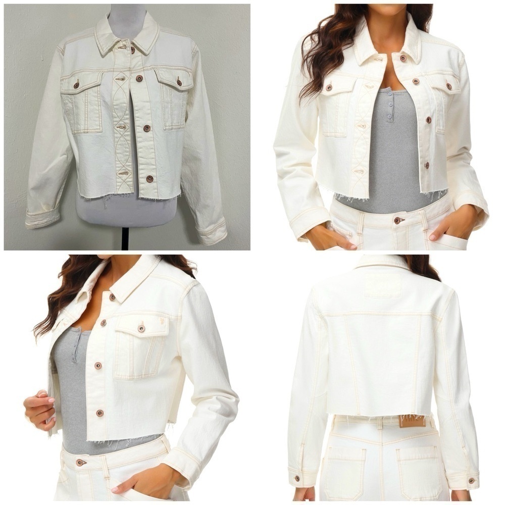 FRYE Women’s Cropped Raw-Hem Denim Jean Jacket Natural Color Cotton White XL NWT